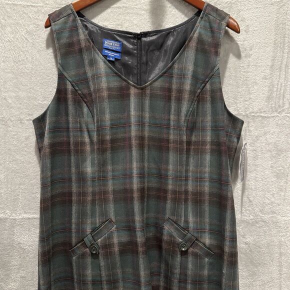 NWT Vtg Pendleton 100% Virgin Wool Plaid Shift Pockets Dress Size 18 Green Black - Picture 2 of 10